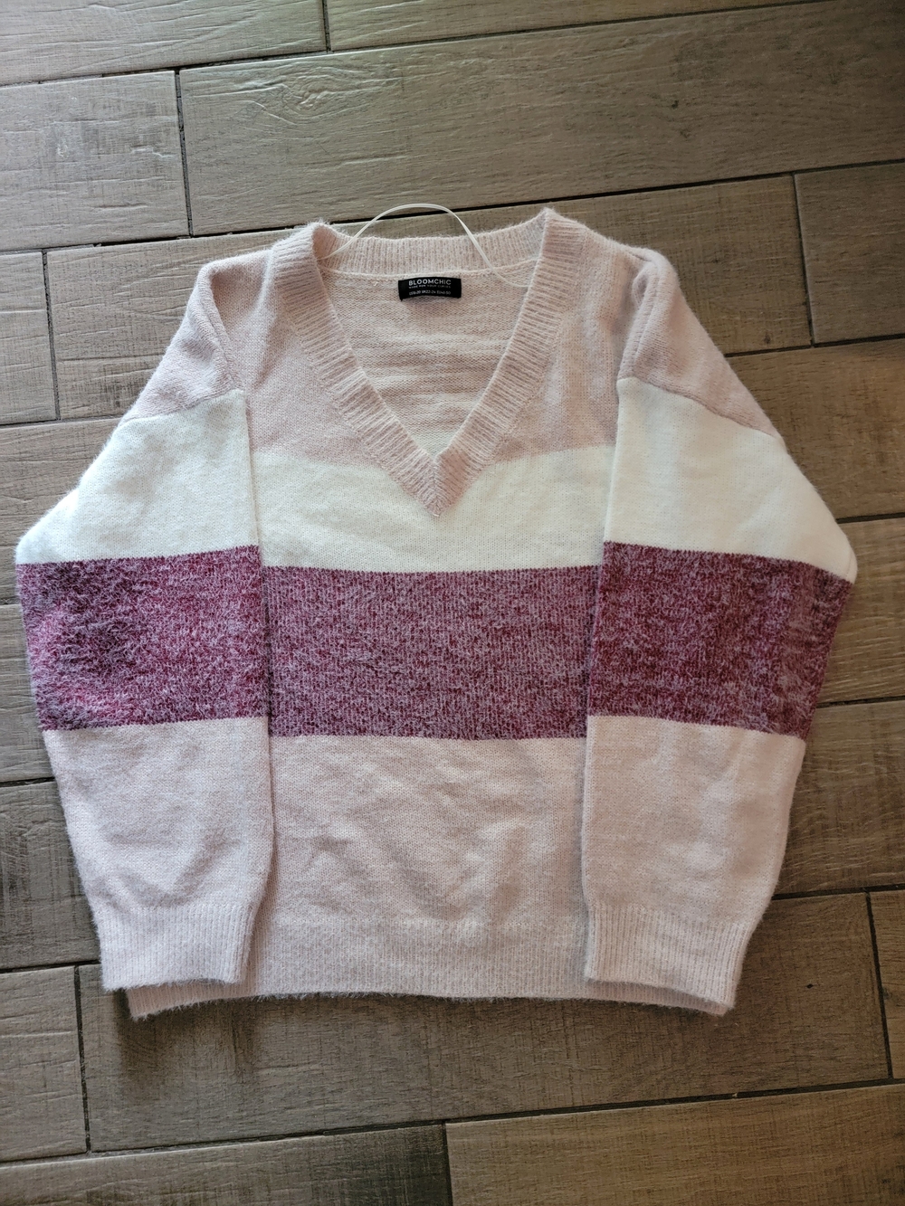 Cozy Striped V-Neck Sweater in Light Pink, White & Plum